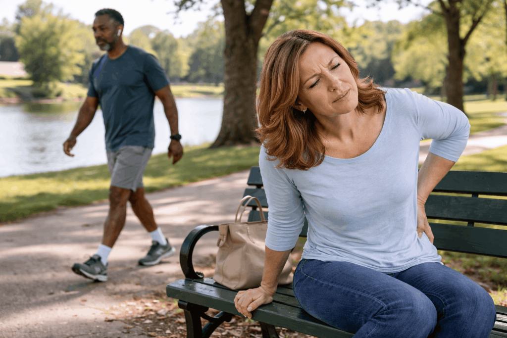 Woman sitting on a park bench holding her lower back in pain while a man walks along a path in the background