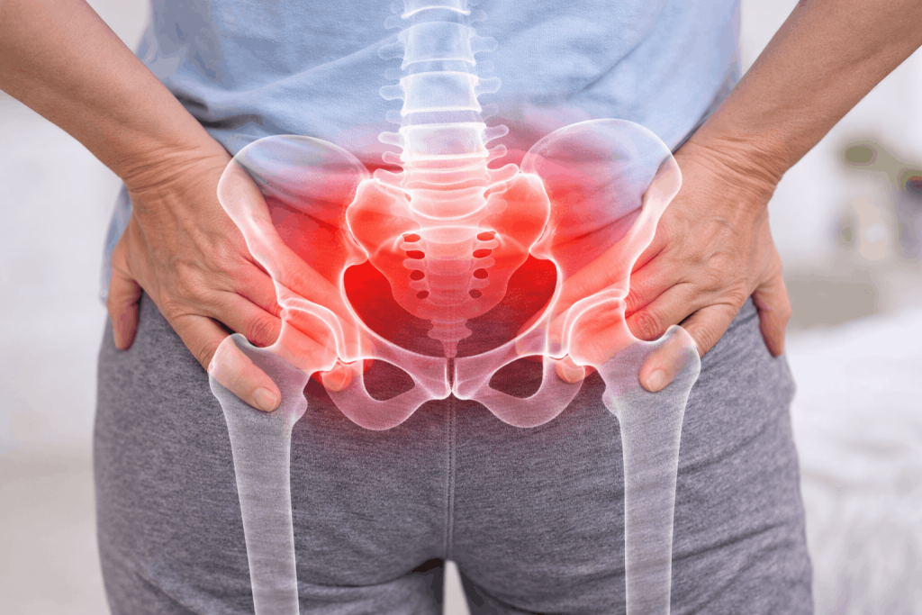 Close up of lower back and pelvis with hands placed on hips and a medical overlay highlighting the sacroiliac joints in pain