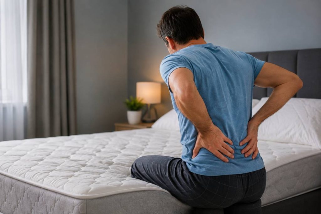 A man with back pain resting leg on mattress