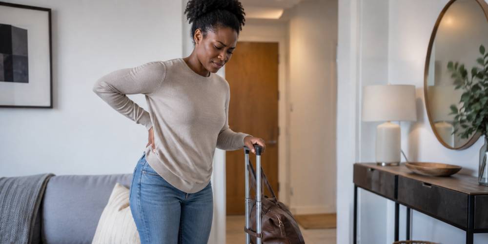 Traveller experiencing lower back pain while standing beside luggage after a journey