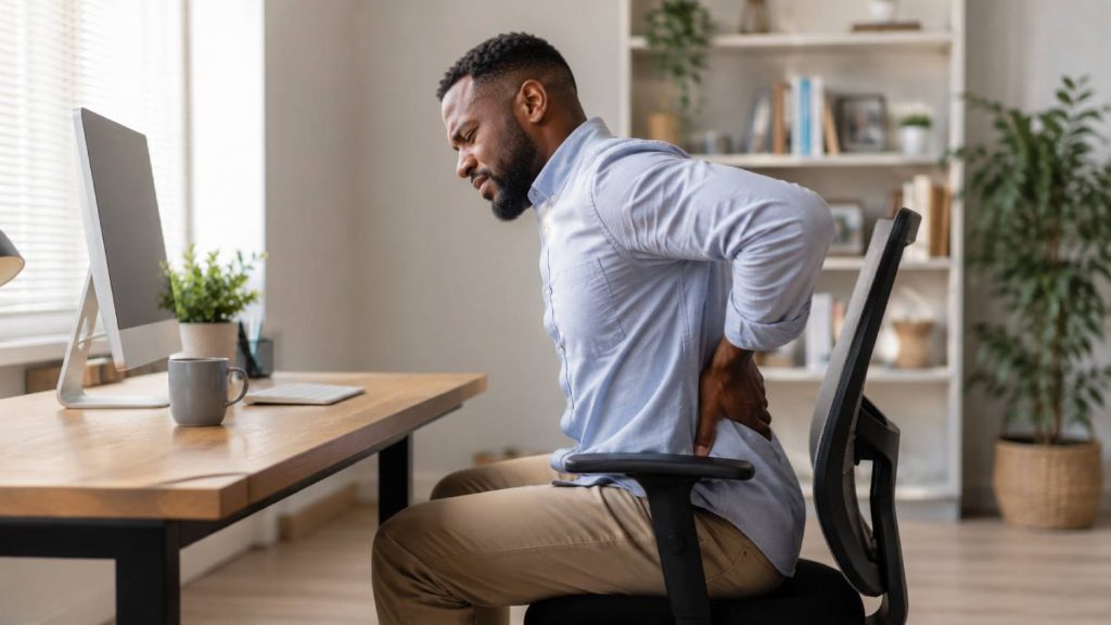 Man experiencing lower back pain after sitting at a desk for a prolonged period