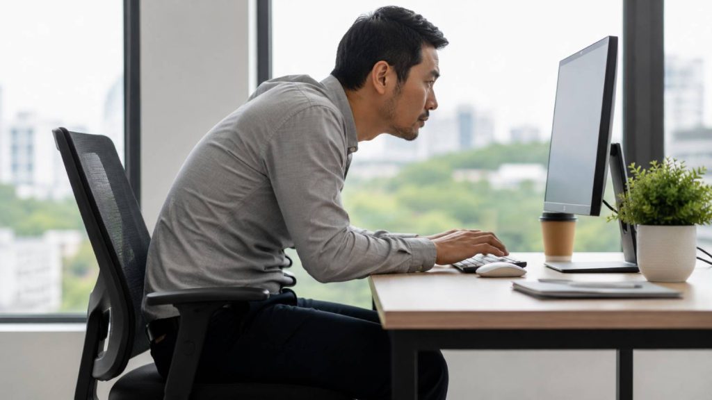 Man sitting with poor posture and slouching towards a computer screen at a desk