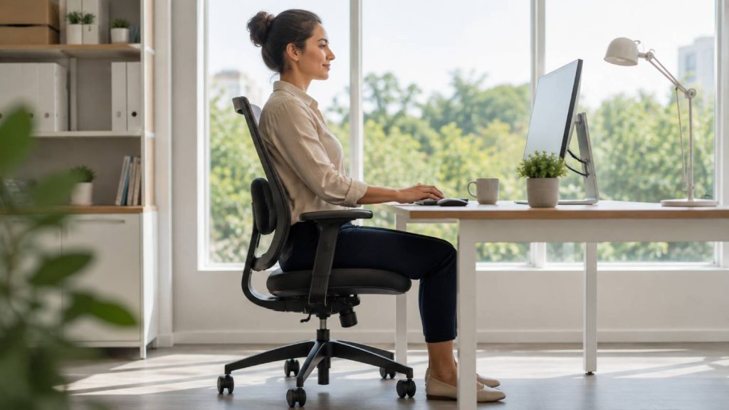 Woman sitting at a desk with good posture and proper lower back support